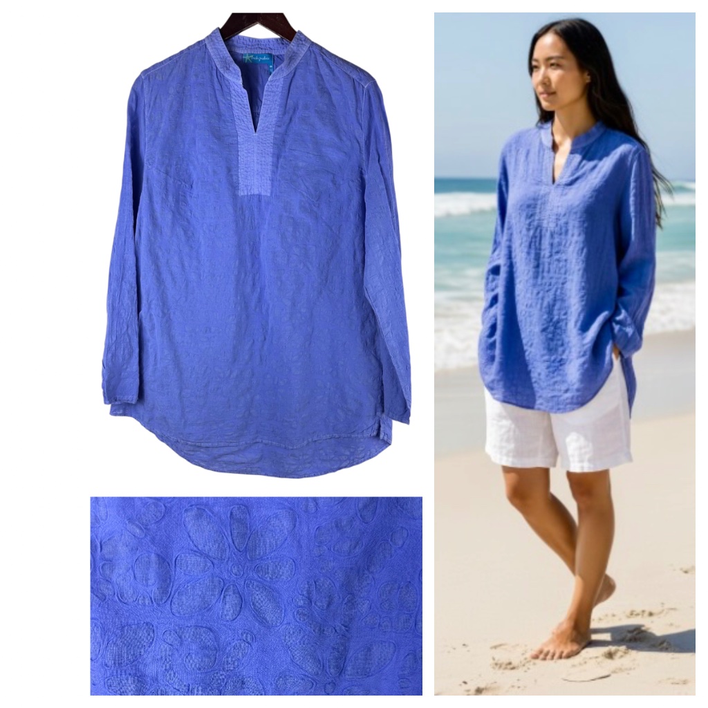 Fresh Produce Shirt Top Tunic Sz Medium Blue Purple Floral Nautical Coastal